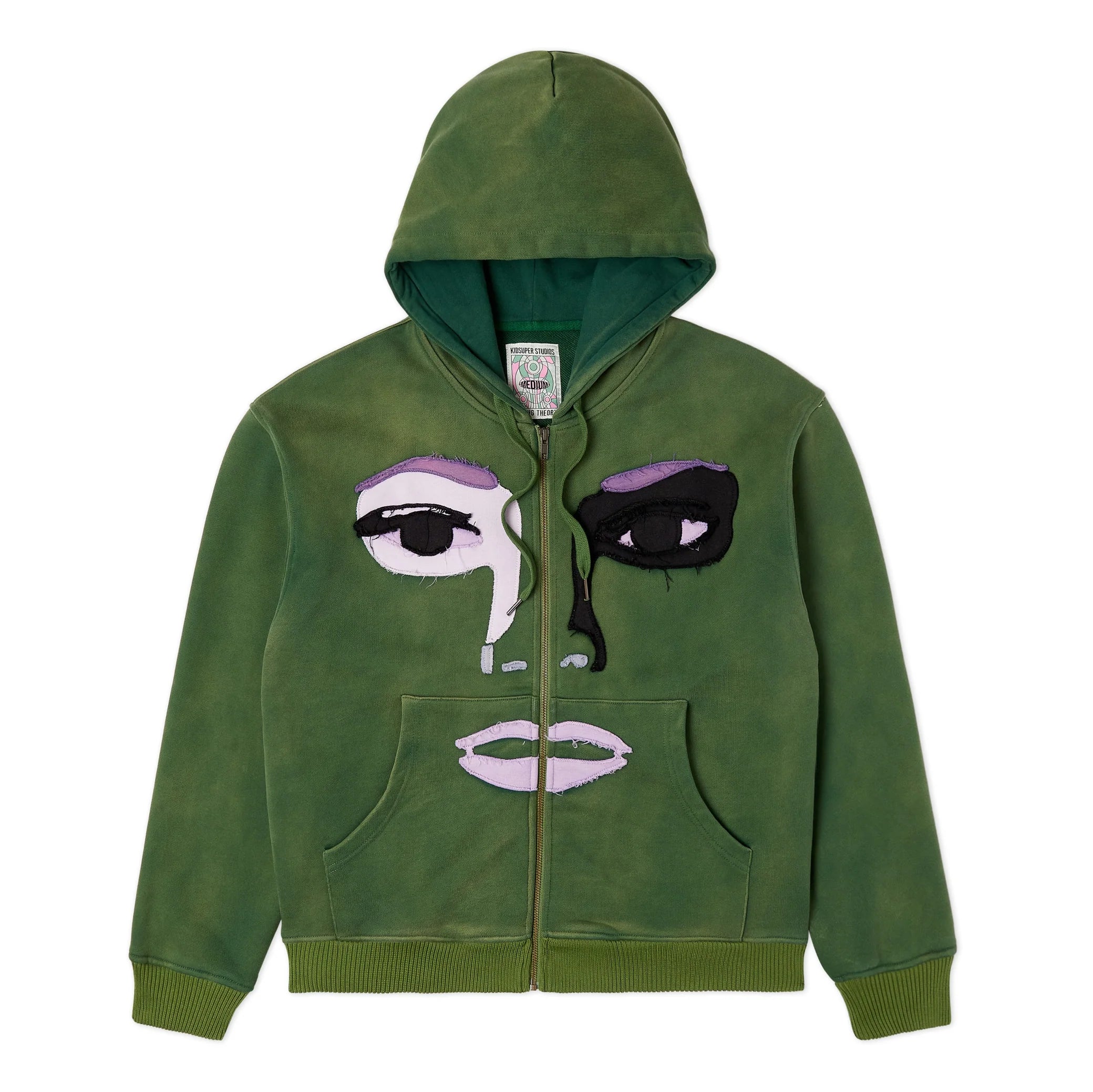 Patchwork Face Washed Heavyweight Green Hoodie