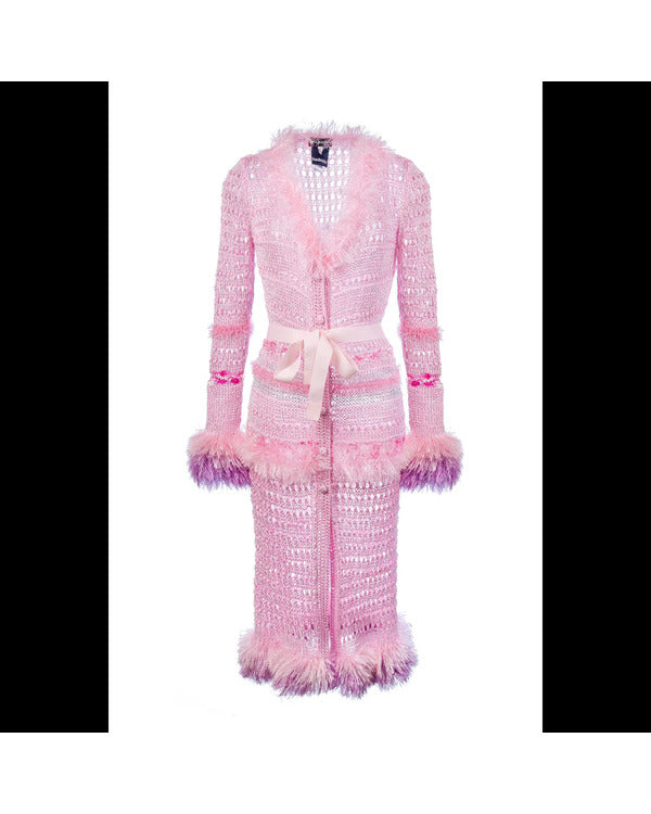 Beyond The Gates RhonniRose Mantilla Pink Crochet Fur Trim Cardigan