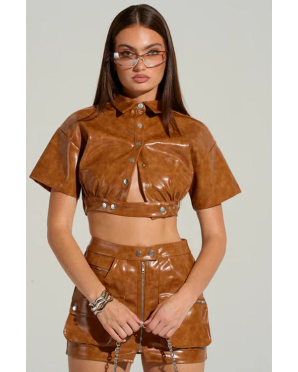 Beyond The Gates 2025 Karla Mosley Brown Crop PU Shirt