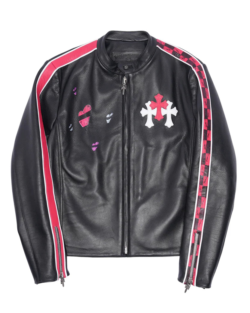 Chrome Hearts Matty Boy Hand-Painted Cemetery Cross Patch Leather Jacket