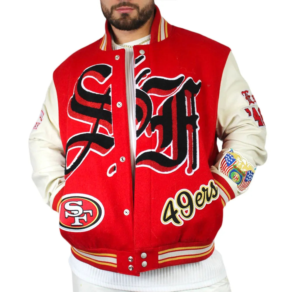 JH San Francisco 49ers Red and Off White Varsity Jacket