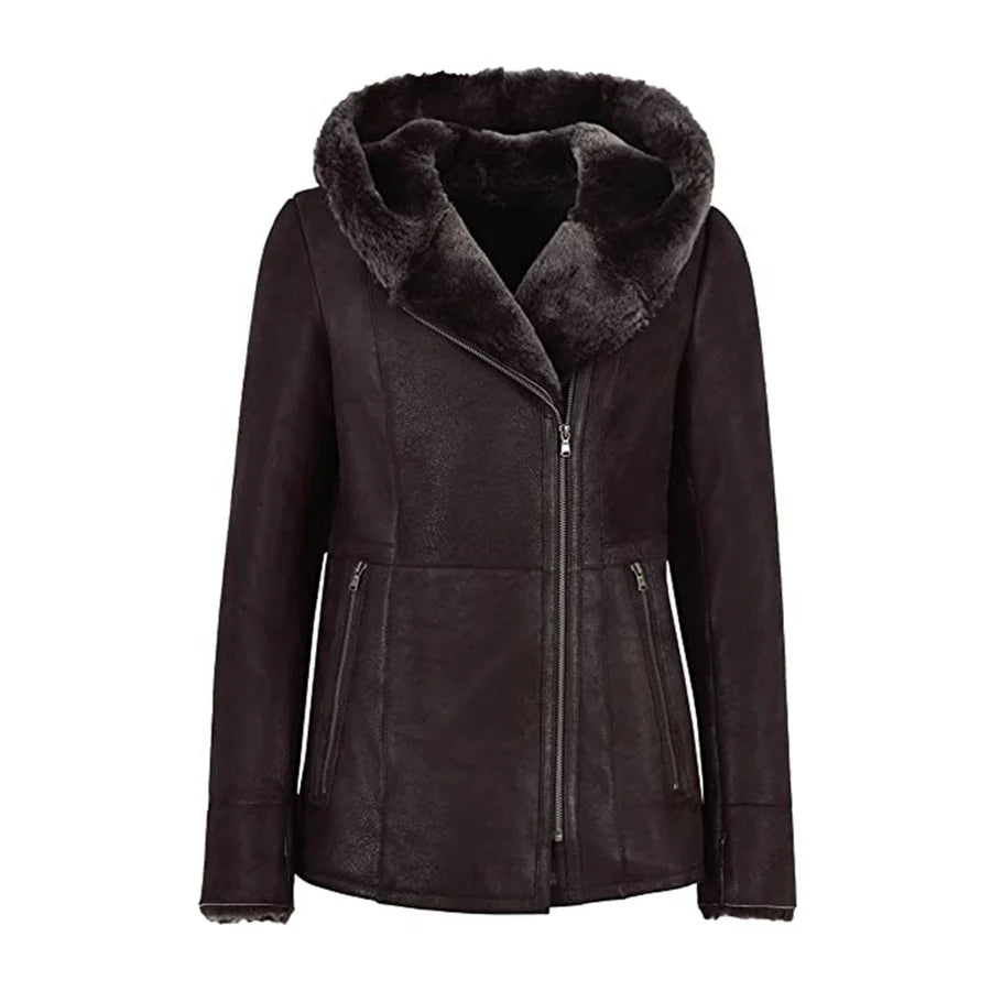 Womens Hooded Fur Shearling Long Jacket