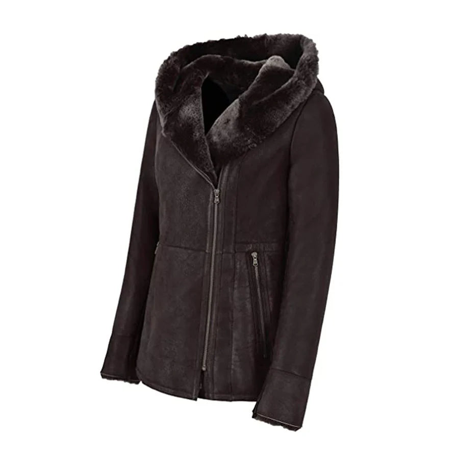 Womens Hooded Fur Shearling Long Jacket