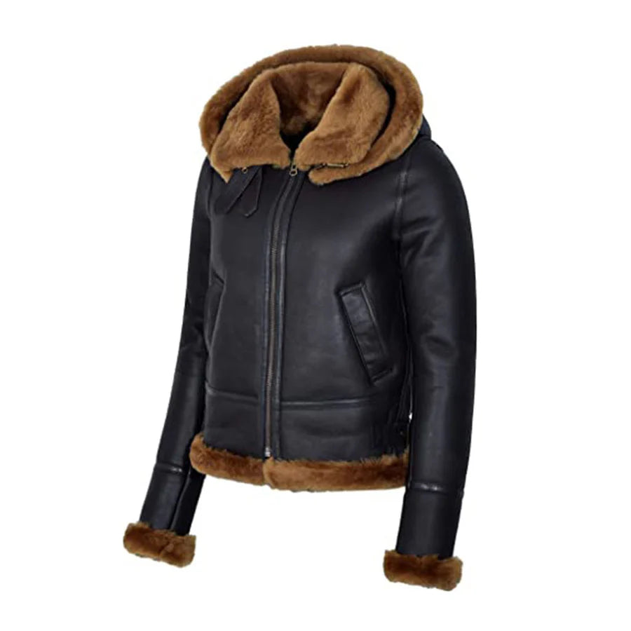 Womens Black Hooded B3 Flying Sheariling Jacket