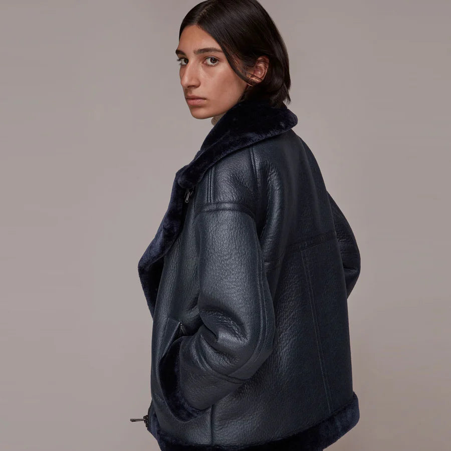 Womens Black Aviator Biker Genuine Sheepskin Shearling Leather Jacket