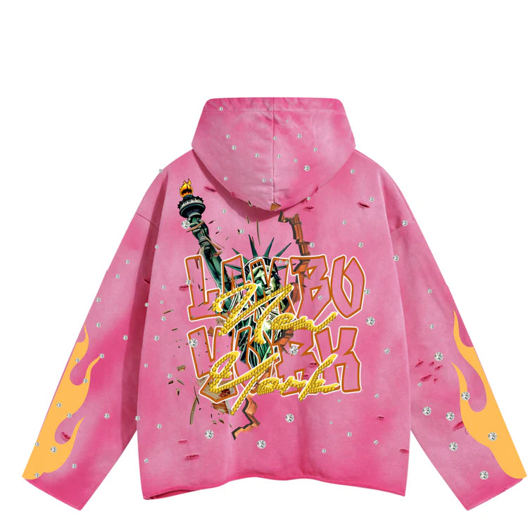 Lambo York Pink Vintage Cropped Rhinestone Hoodie