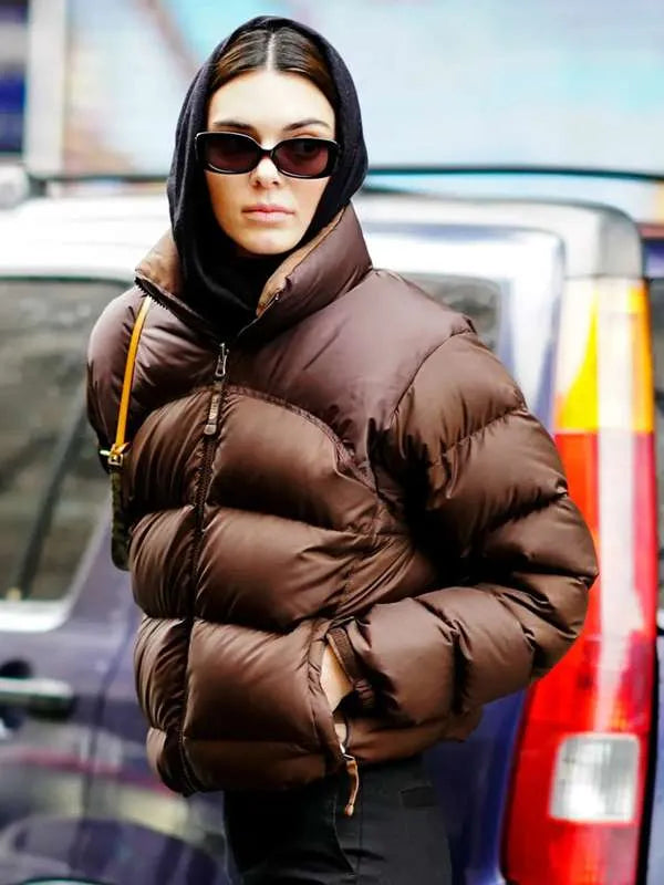 American Actress Kim Kardashian Brown Puffer Jacket