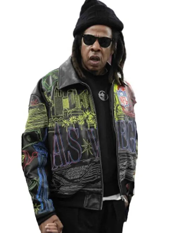 Jay-z Super Bowl 2024 Las Vegas Print Leather Jacket