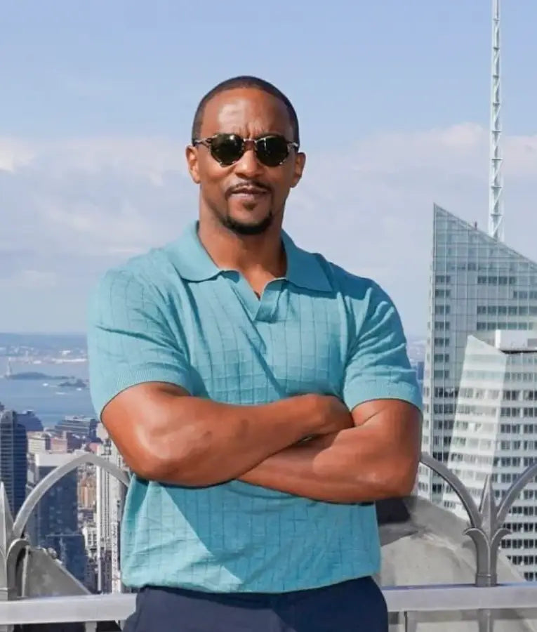 Anthony Mackie Twisted Metal S02 Photo Call Blue Polo Shirt