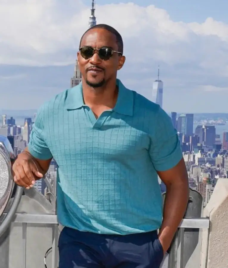 Anthony Mackie Twisted Metal S02 Photo Call Blue Polo Shirt