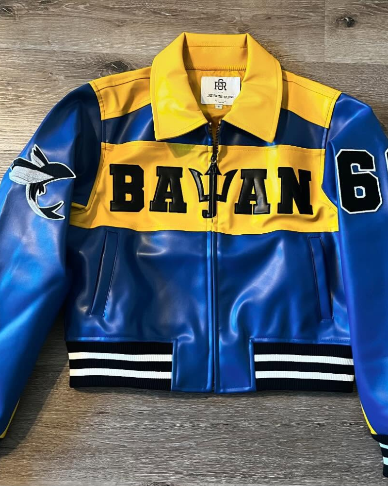 Bajan Yellow And Blue Vegan Leather Varsity Jacket