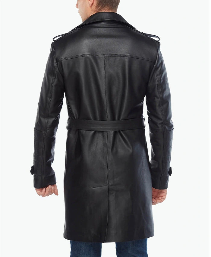 Black Real Leather Vintage Trench Coat