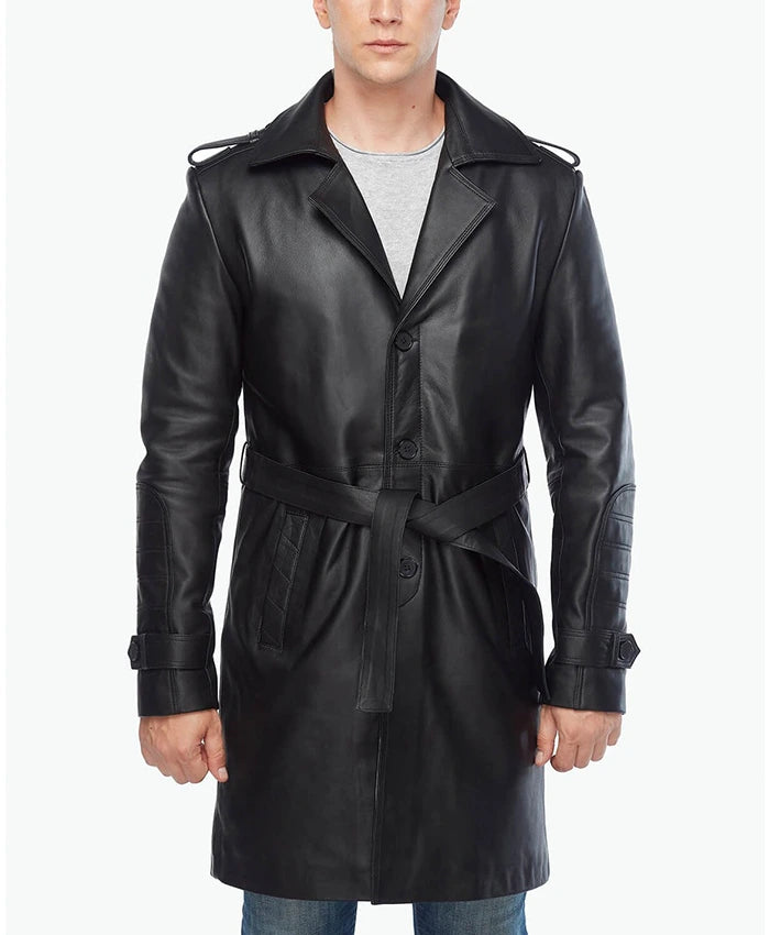 Black Real Leather Vintage Trench Coat