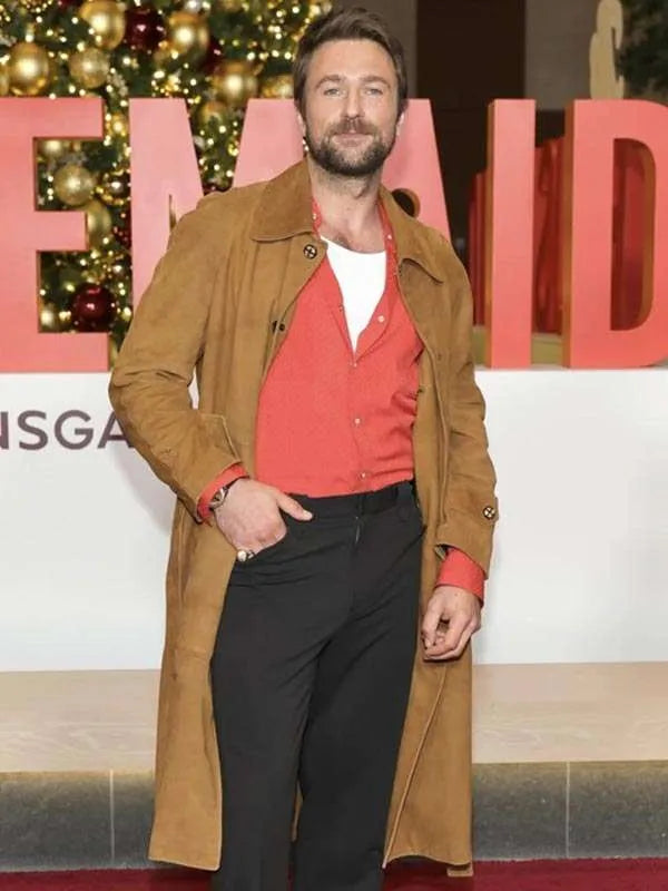 Brandon Sklenar The Housemaid New York Screening Brown Coat