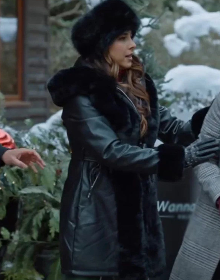 BriFilmHolidayCrashers2024DaniellaMonetBlackShearlingLeatherCoat