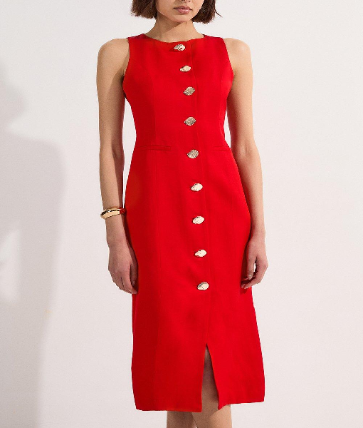 CBS Mornings 2025 Ali Bauman Red Button Midi Dress