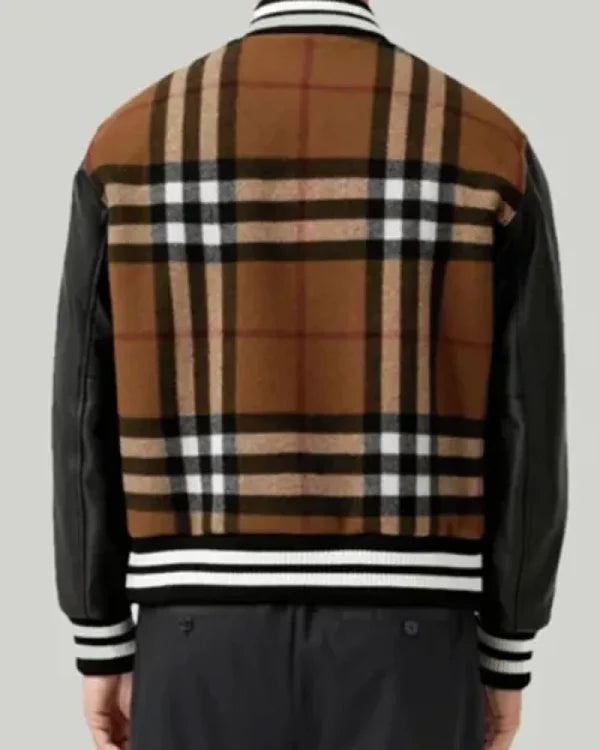 Checked Snap Tab Wool Varsity Brown Jacket