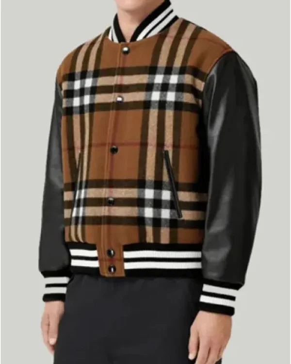 Checked Snap Tab Wool Varsity Brown Jacket