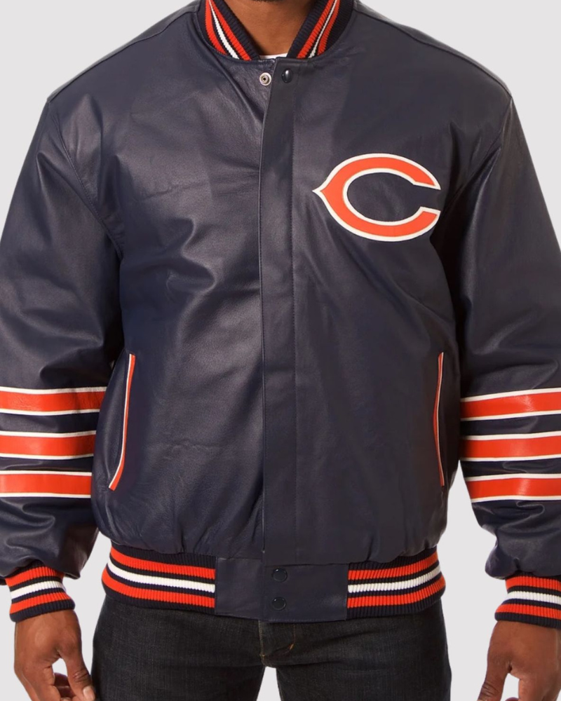 Chicago Bears Navy Blue Leather Varsity Jacket