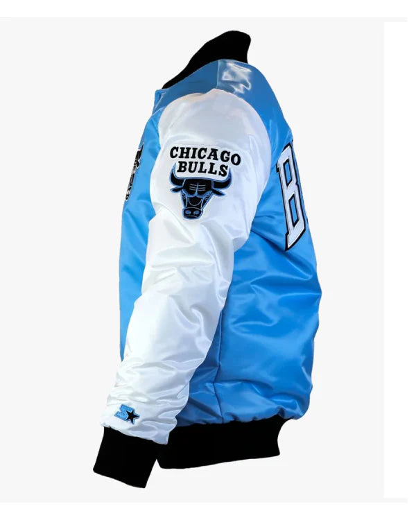 Chicago Bulls Tobacco Road Blue and White Satin Varsity Jacket