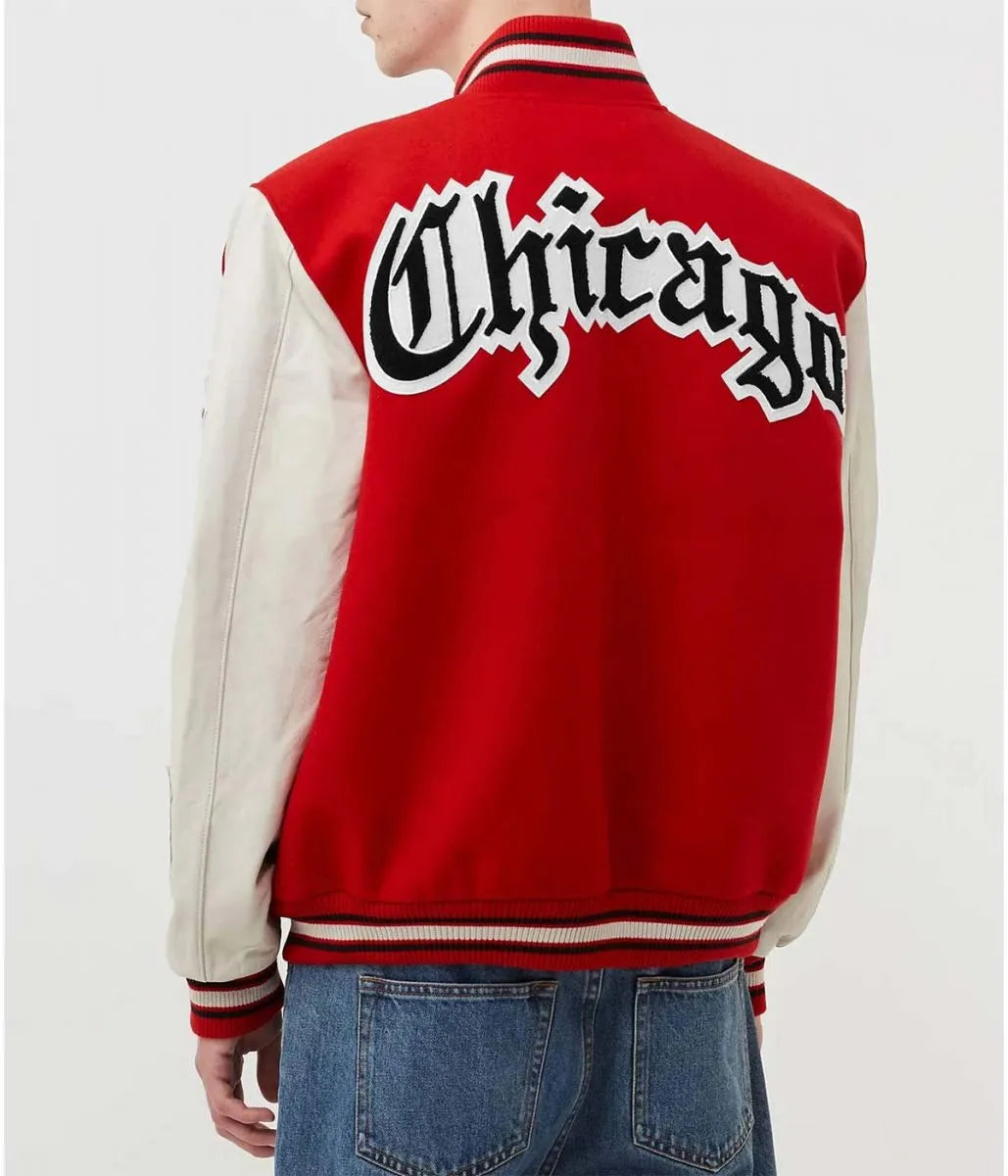 Chicago Bulls Red Wool and White Leather Varsity Letterman Jacket