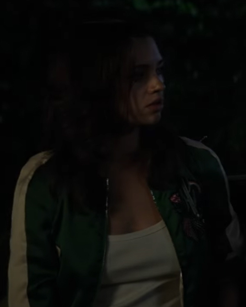 India Eisley Dead Money Green And White Varsity Jacket