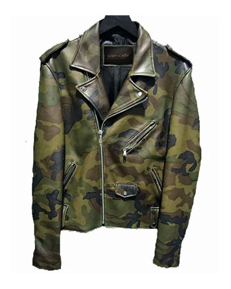 Classic Biker Camouflage Military Print Leather Jacket