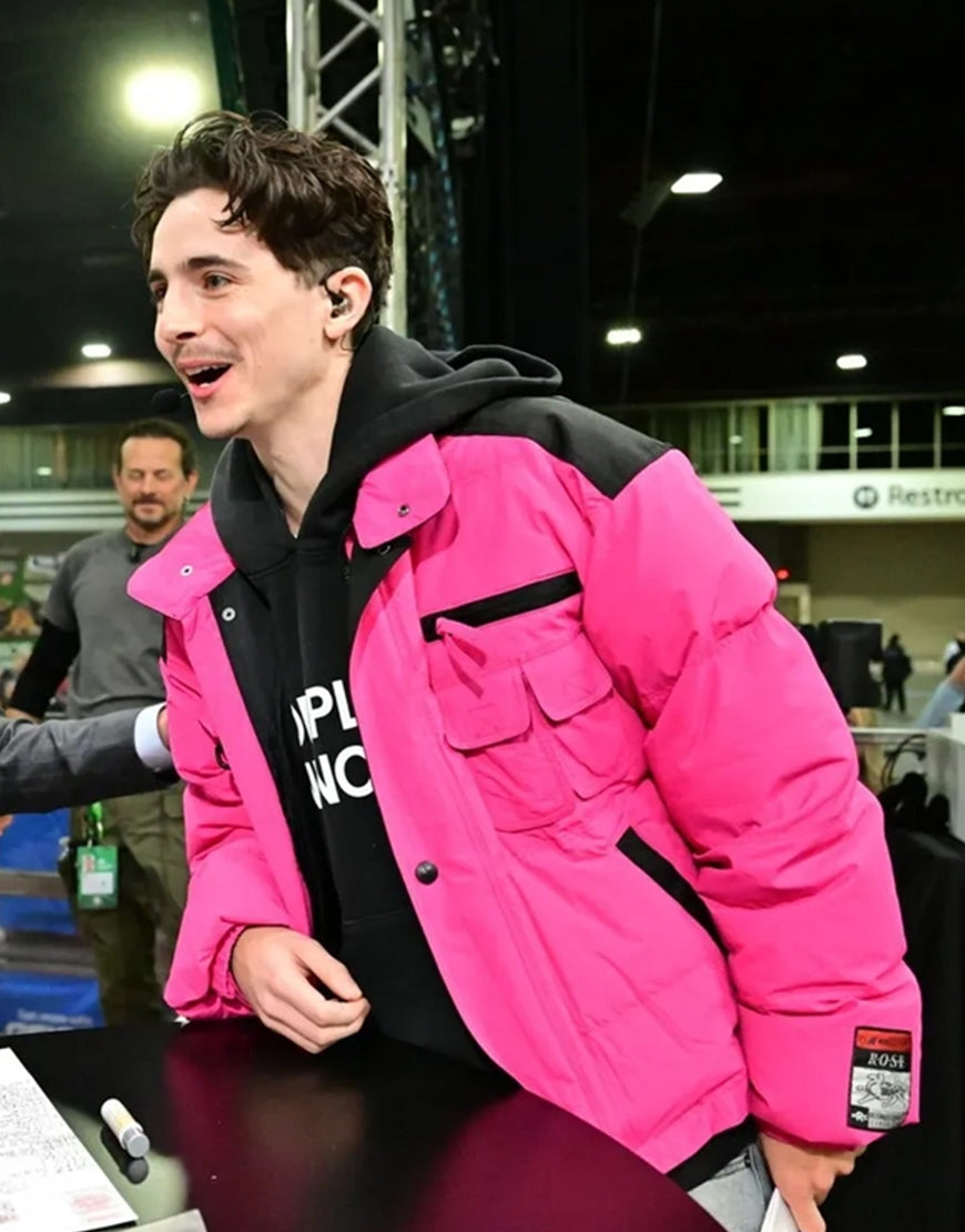 CollegeGameDayTimotheeChalametPinkPufferJacket