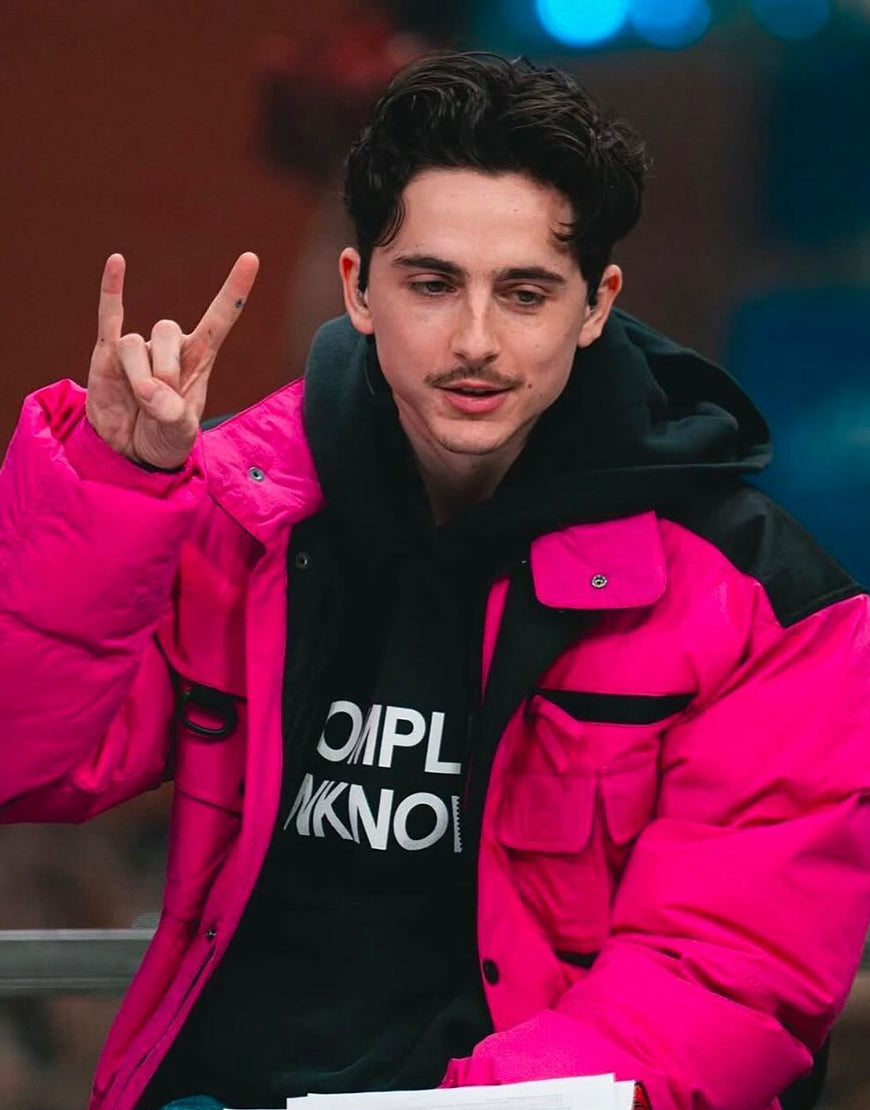 CollegeGameDayTimotheeChalametPinkPufferJackets