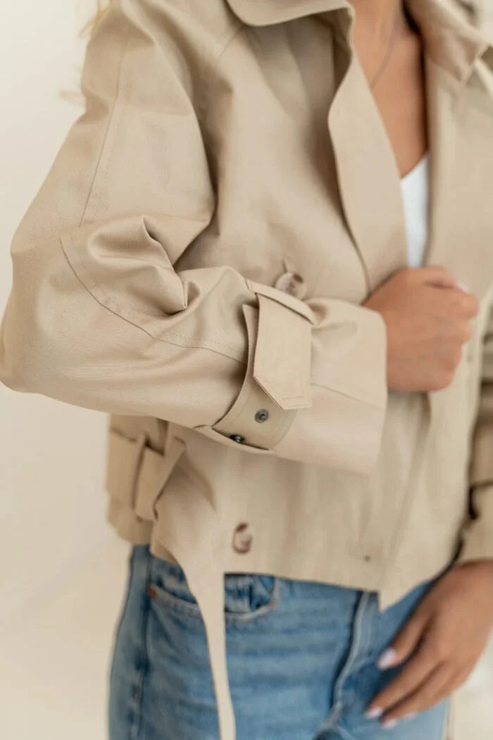 Cropped Beige Cotton Trench Coat
