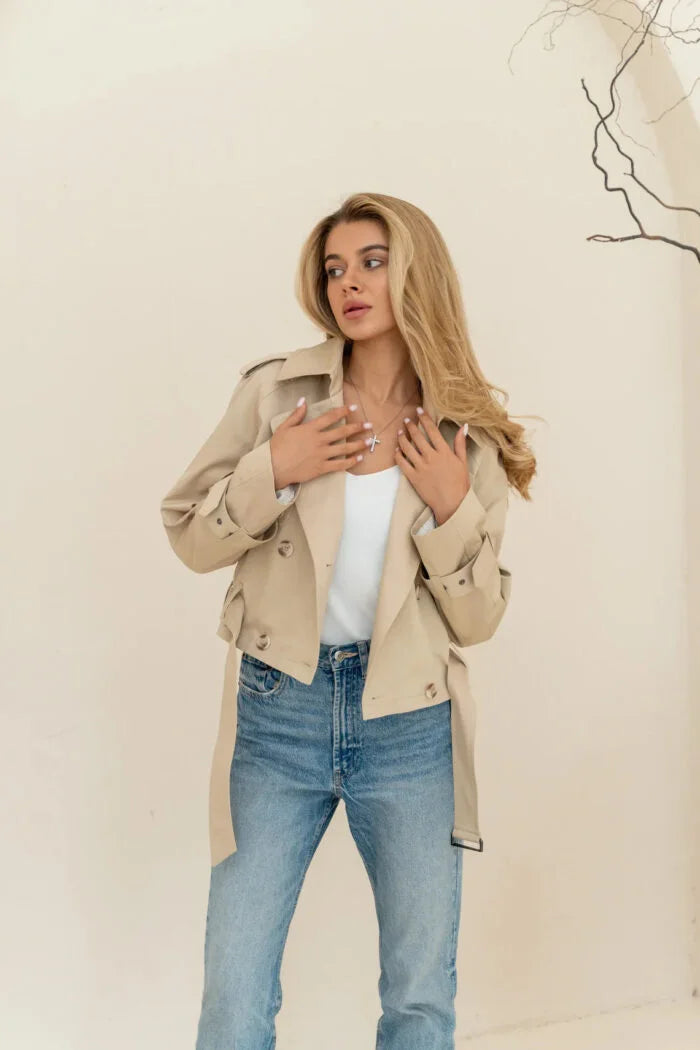 Cropped Beige Cotton Trench Coat