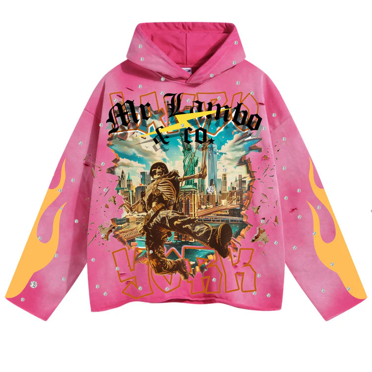 Lambo York Pink Vintage Cropped Rhinestone Hoodie