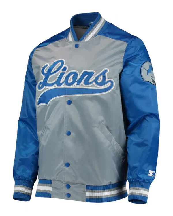 Detroit Lions The Tradition II Grey and Blue Varsity Satin Jacket