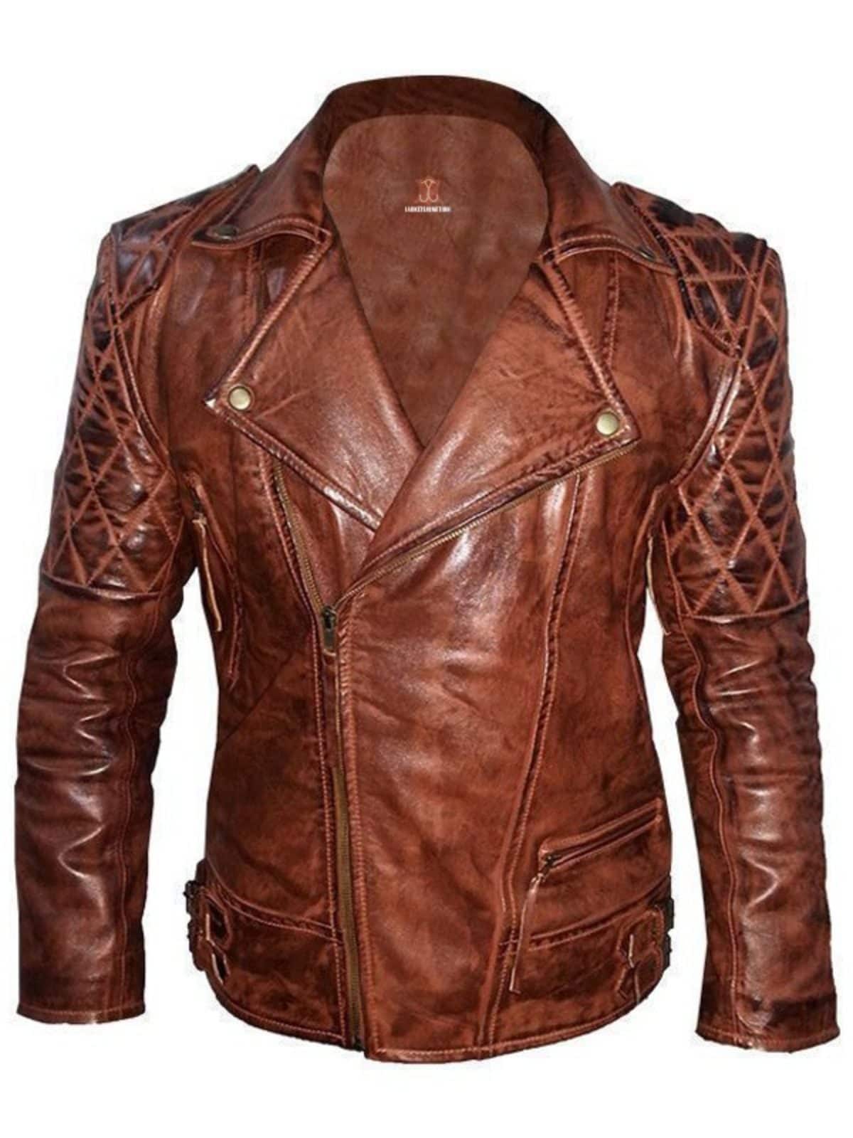 Mens Diamond Quilted Vintage Leather Biker Jacket Brown