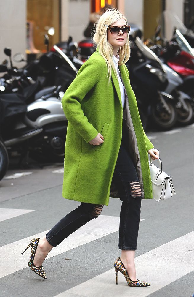 Elle Fanning Green Wool Long Coat