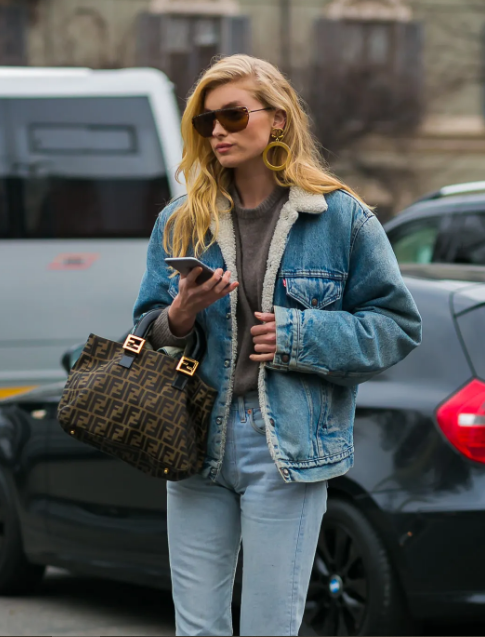 Elsa Hosk Blue Denim Shearling Jacket