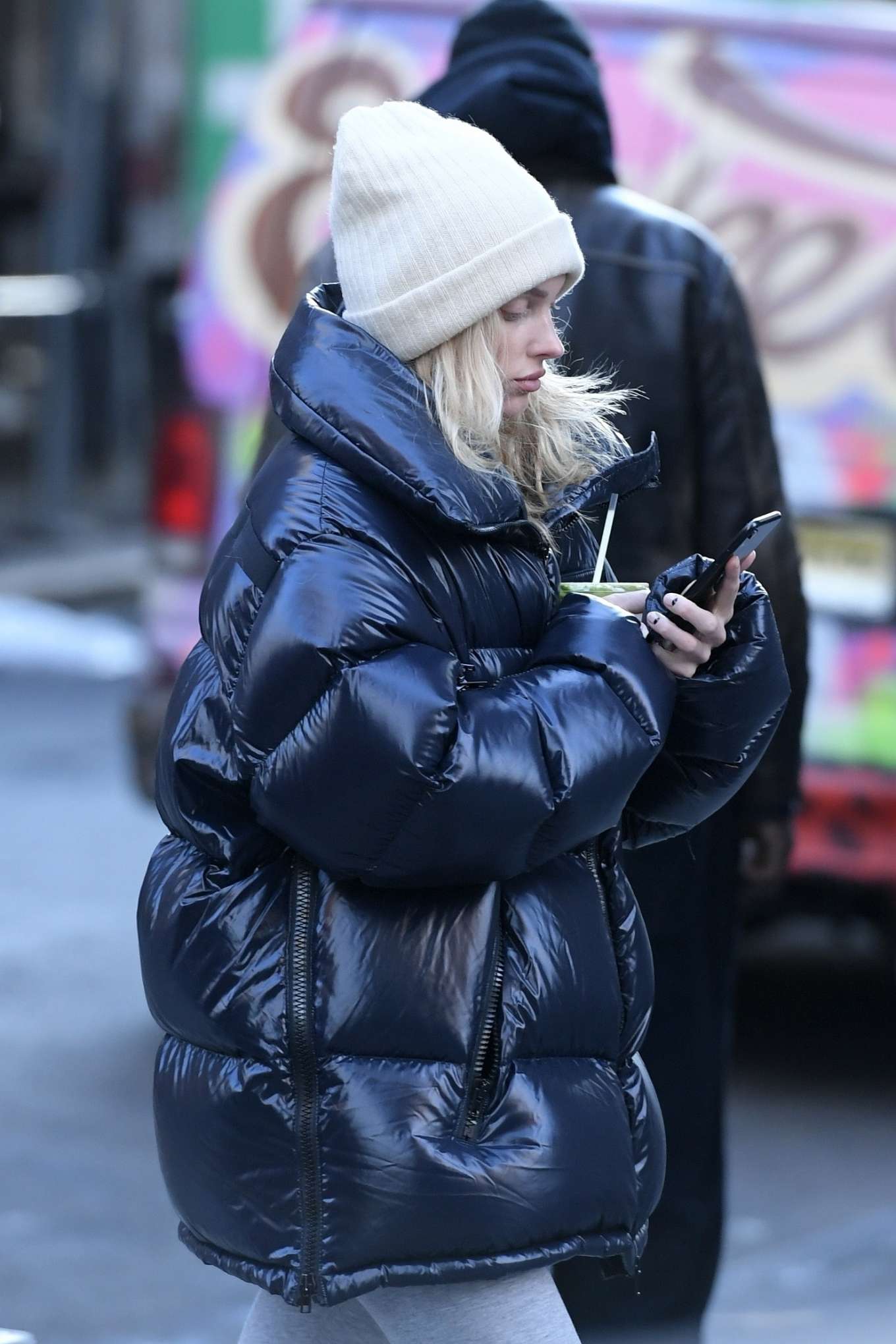 Elsa Hosk Street Style Black Puffer Jacket