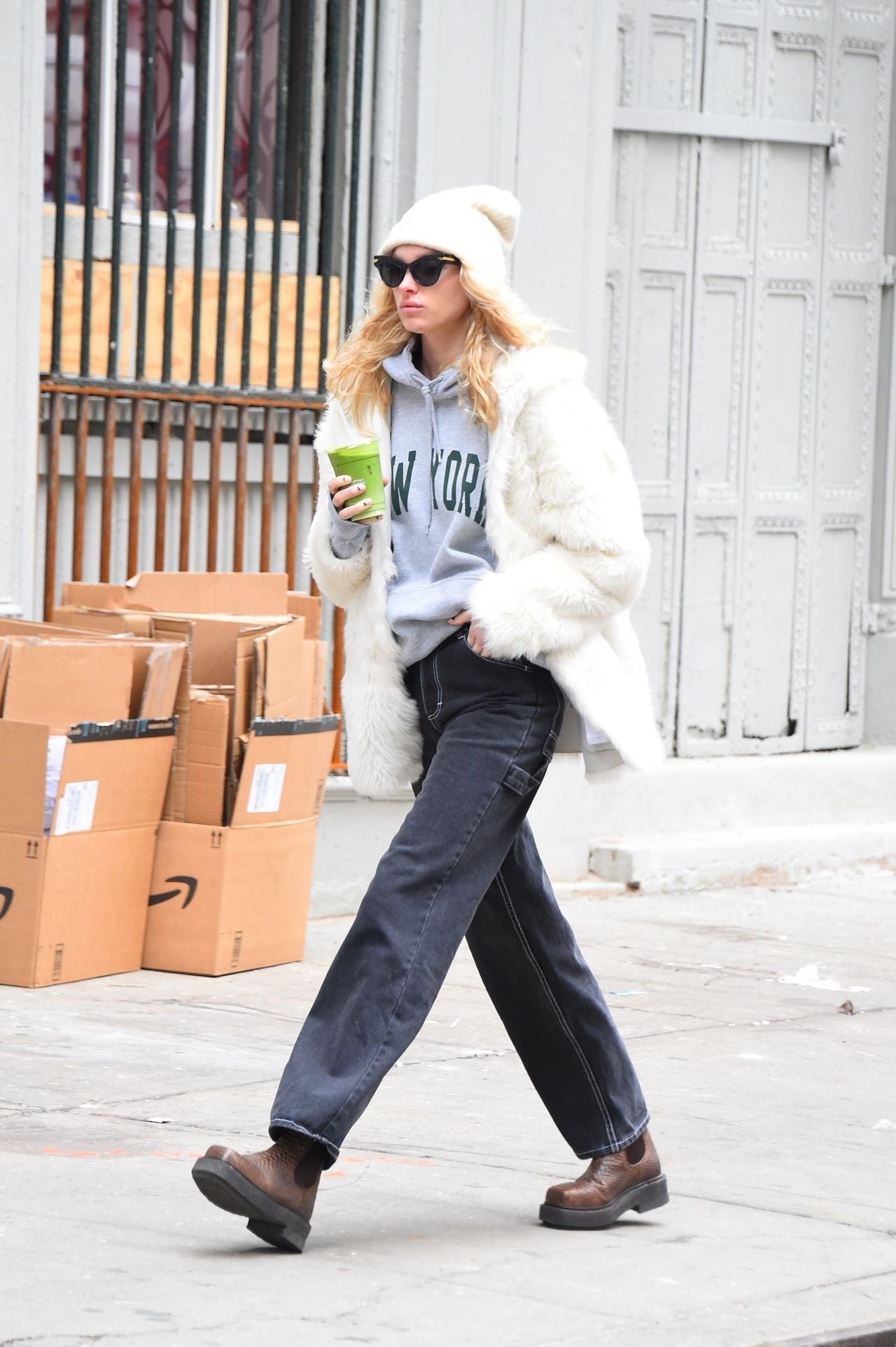 Elsa Hosk Winter Street Style White Jacket