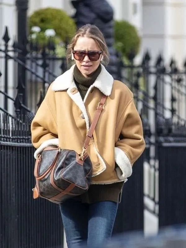 Emilia Clarke Shearling Brown Suede Jacket