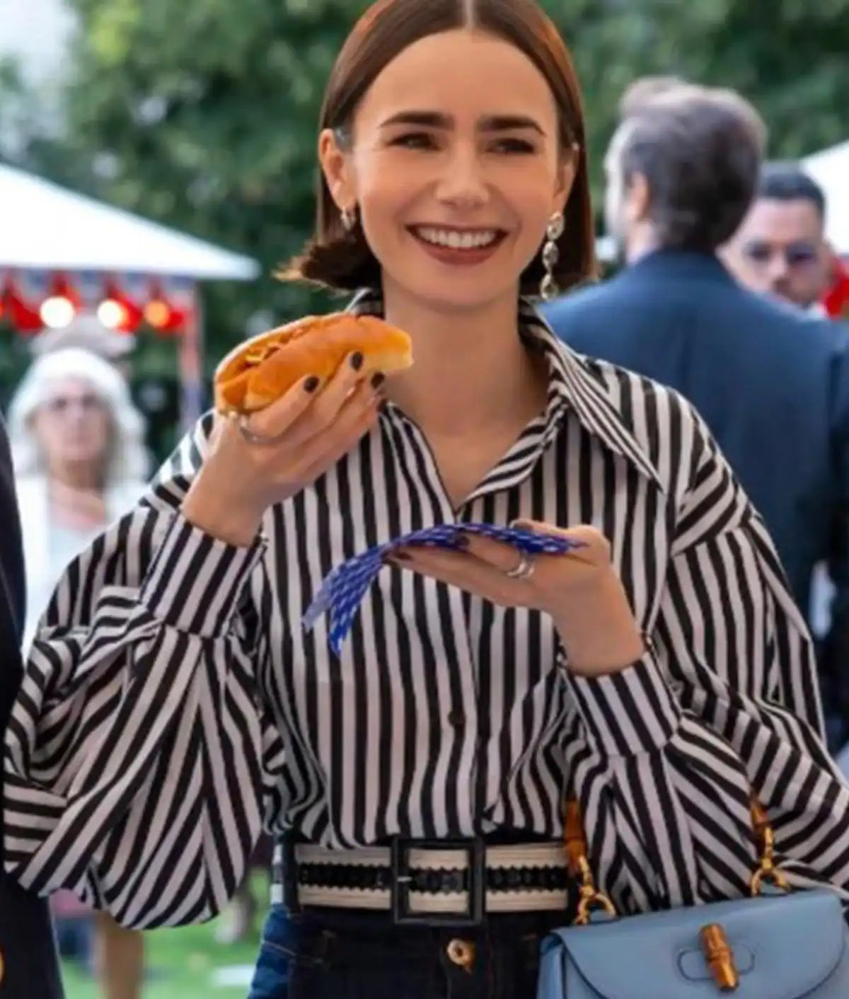 Emily In Paris S05 Lily Collins Striped Puff Sleeve Shirt