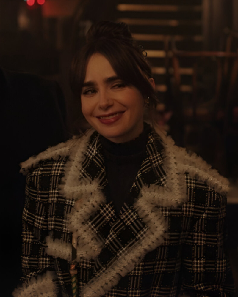 EmilyCooperTvSeriesEmilyInParisS04LilyCollinsRuffledPlaidCoat