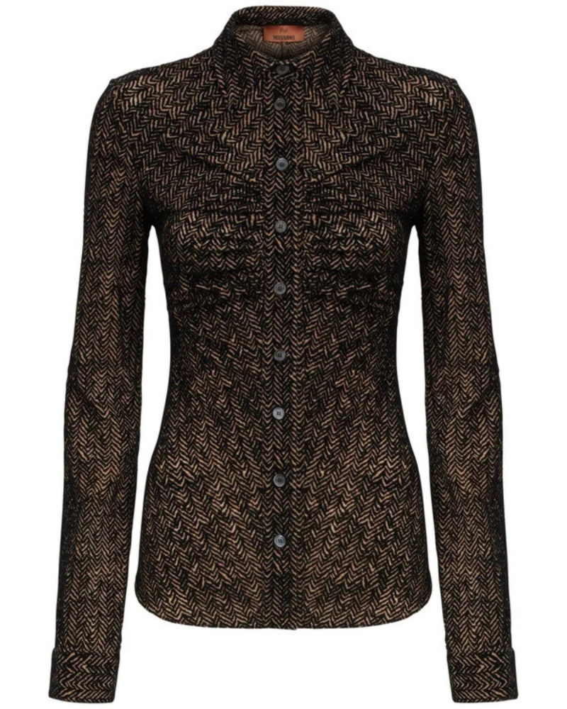 EmilyInParisS04LilyCollinsBrownZigZagWovenShirt