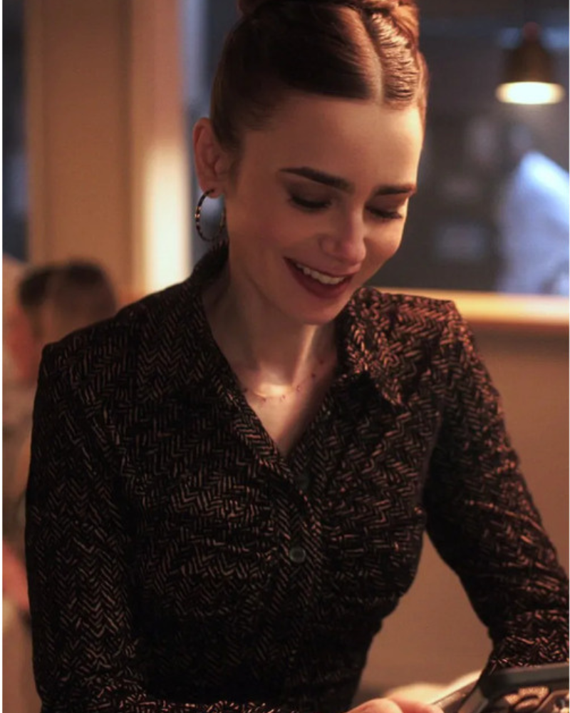 EmilyInParisS04LilyCollinsBrownZigZagWovenShirts