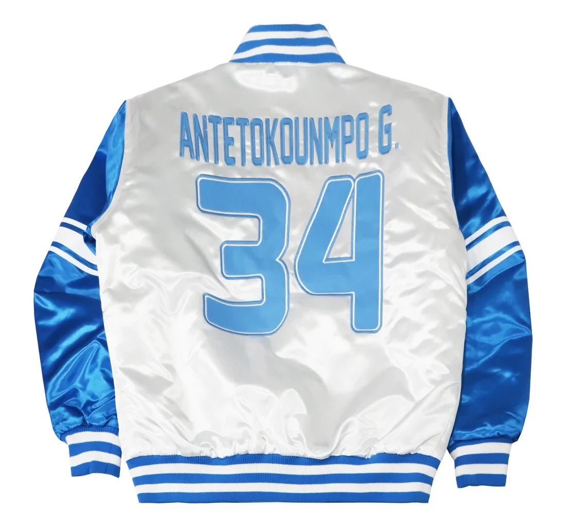 Giannis Antetokounmpo Men's Headgear Classics Hellas Greece Embroidered Satin Jacket (Large, White)