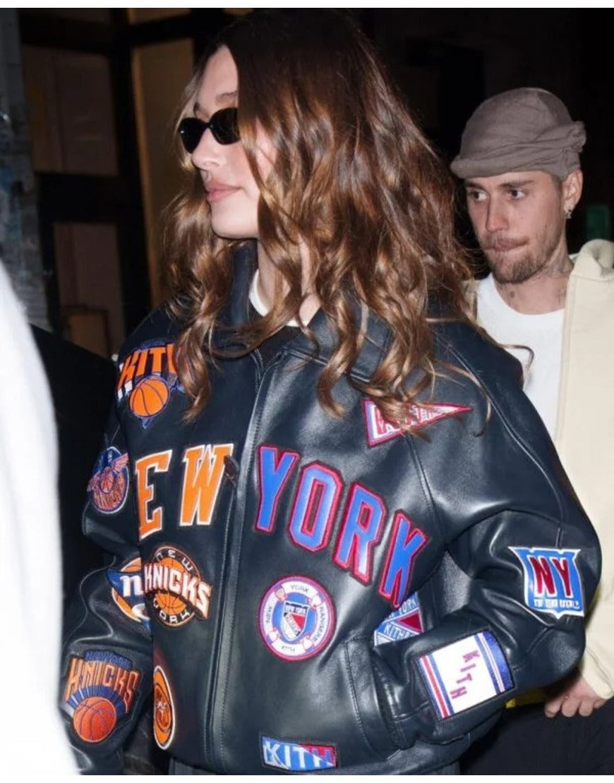 Hailey Bieber New York Knicks Leather Jacket
