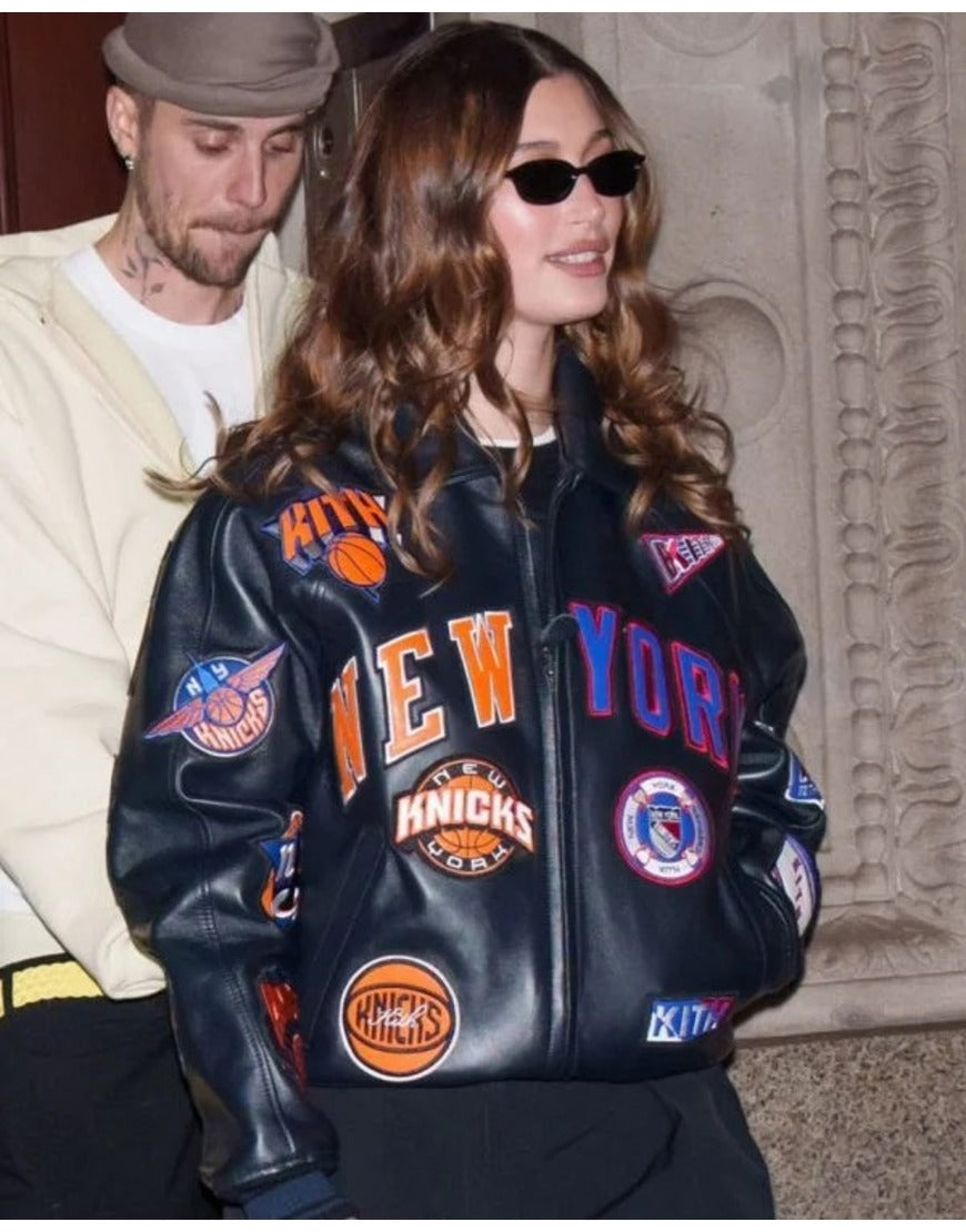 Hailey Bieber New York Knicks Leather Jacket