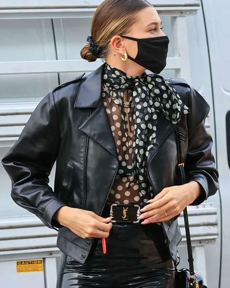 Hailey Bieber Street Style Black Leather Jacket