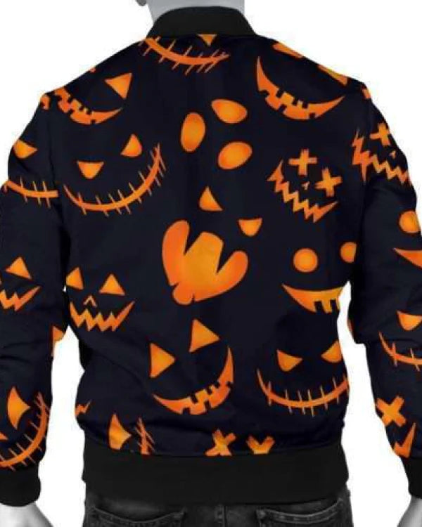 Halloween Pumpkins Pattern Black Cotton Bomber Jacket