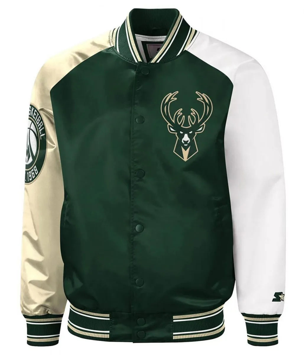 Milwaukee Bucks Hunter Green and Cream Varsity Satin Jacket