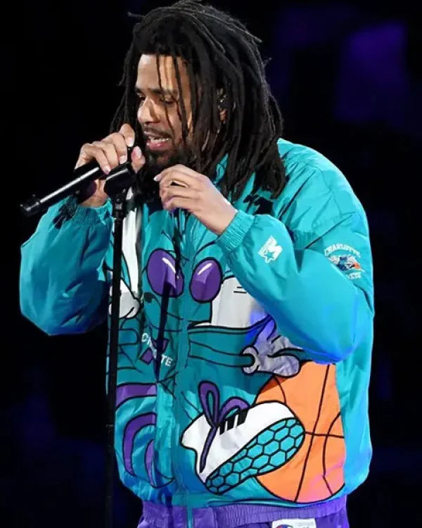 J. Cole 90s Char­lotte Hor­nets Blue Hooded Jack­et